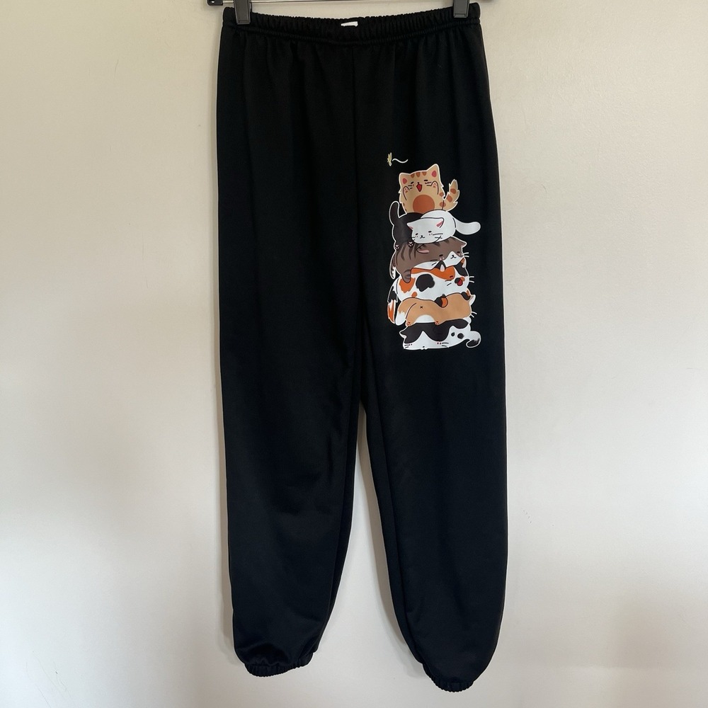 SHEIN Girls Black Cat Graphic Joggers Sweatpants Size 12Y Stacked Cats